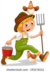 Illustration of a happy boy holding a pail and a rake on a white background