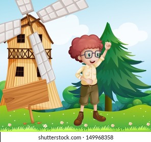 Illustration of a happy boy near the wooden signboard and the windmill
