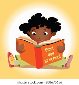 Illustration of a happy boy reading a book. African boy smiling while he read the book with words - First day at school - on cover. Curly hair. Vector cartoon character of black boy who love learn.