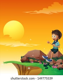 Illustration of a happy boy sitting at the big rock near the cliff