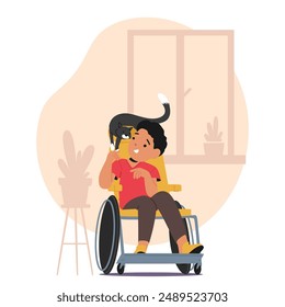 Illustration Of A Happy Boy Sitting In A Wheelchair With A Black Cat On His Shoulder. Vector Scene Is Set Indoors, Depicting Warm And Friendly Atmosphere With The Boy Interacting Joyfully With The Pet