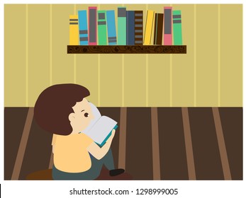 Illustration of Happy Boy Sitting while Reading Book.Flat style vector illustration
