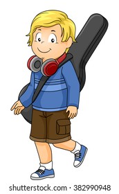 Illustration of a Happy Boy Walking with his Headphones and Guitar