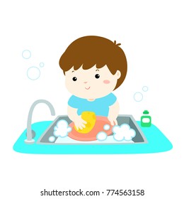 Illustration of happy boy washing dish on white background vector.