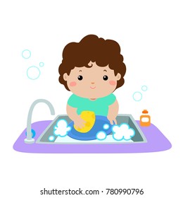 Illustration of happy boy washing dish on white background vector.