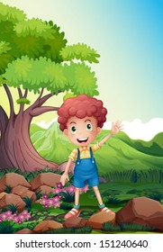 Illustration of a happy boy waving near the rocks
