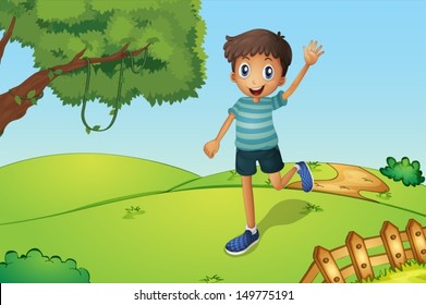 Illustration of a happy boy waving while running in the hill