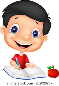 Illustration of a happy boy writing on a book