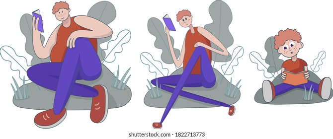 Illustration of Happy Boys Sitting while Reading Books. It is a flat style.