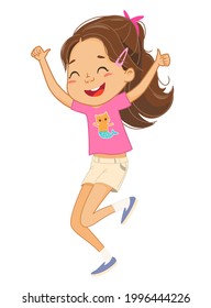 Illustration of Happy Brown hair girl jumping and dancing.