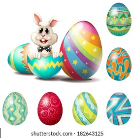 Illustration of a happy bunny with colorful eggs on a white background