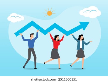 An illustration of happy business people holding growing arrow. Man and women working together, motivation to achieve bigger business target concept