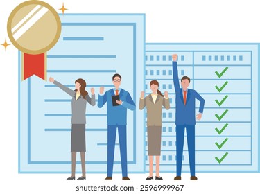 Illustration of a happy business team with successful certification