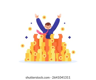 illustration of a happy businessman because he has a lot of money. man is on a pile of coins. get a lot of money. concept of being rich or wealthy. rich and successful people. flat style character 