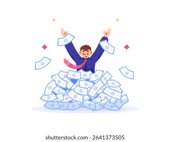 illustration of a happy businessman because he has a lot of money. man is stacked with banknotes. get a lot of money. concept of being rich or wealthy. rich and successful people. flat style character