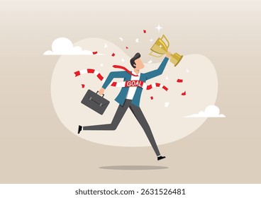An illustration of a happy businessman crossing the finish line with a trophy in one hand and a briefcase in the other. A red and white ribbon marked "GOAL" 