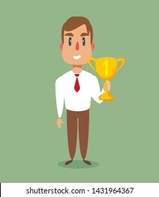 illustration of a happy businessman holding a trophy Stock flat vector illustration.