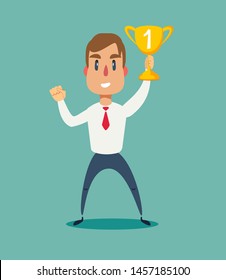 illustration of a happy businessman holding a trophy on podium. Stock flat vector illustration.