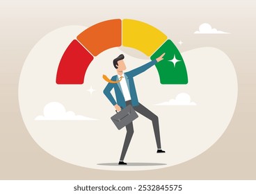 Eine Illustration eines glücklichen Geschäftsmannes auf Hochleistungslehre. Leistungsbeurteilung, Mitarbeiterbeurteilung, Mitarbeiterleistung, exzellentes Jobkandidatenkonzept