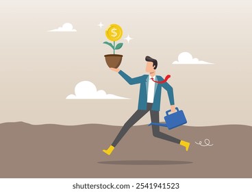 Una ilustración de un hombre de negocios feliz sosteniendo una planta en crecimiento con una flor de moneda de dinero de dólar y una regadera. Invertir en el crecimiento de las acciones, o beneficiarse del concepto de inversión