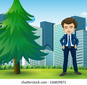Illustration of a happy businessman standing near the pine tree