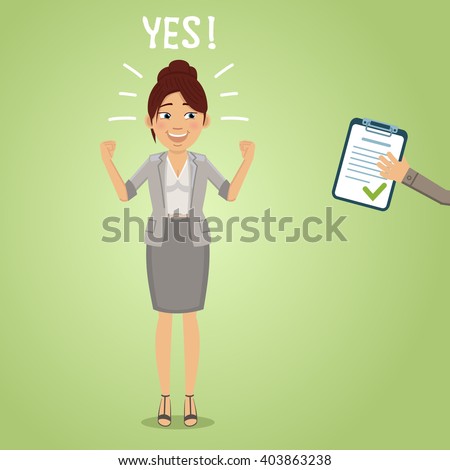 Illustration of a happy businesswoman with accepted document. Cheerful woman with accepted proposal. Success, confident, joy, emotional face. Flat style vector illustration