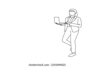 Illustration of happy businesswoman work laptop programmer confident isolated over white background. Line art style
