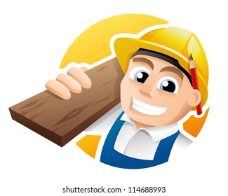Illustration of a happy carpenter wearing hard hat and overalls