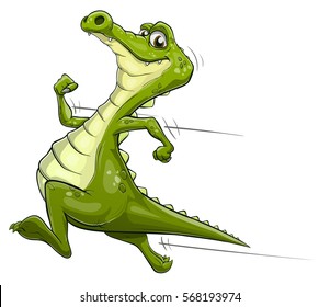 Illustration of a happy cartoon alligator running fast