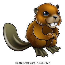 An illustration of a happy cartoon beaver character