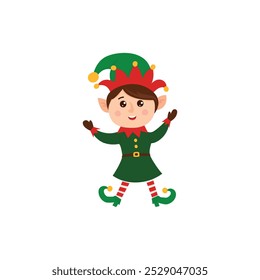 Illustration of a happy cartoon Christmas elf wearing a green and red outfit, perfect for festive holiday themes and designs.