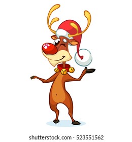 Illustration happy cartoon Christmas red nose  reindeer Rudolph and bells  Vector character