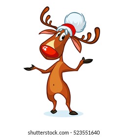 Illustration happy cartoon Christmas Reindeer pointing hand  Vector character