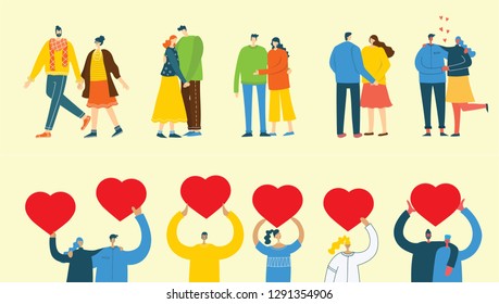 Illustration with happy cartoon couples in love and people hold hearts. Happy lovers on date, hugging, dancing. Concept of Valentine vector illustration isolated on light background 