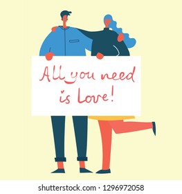 Illustration with happy cartoon couples in love with big banner with text All you need is love. Concept of Valentine vector illustration isolated on light background