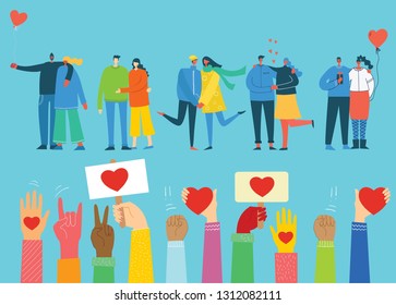 Illustration with happy cartoon couples in love. Happy lovers on date, hugging, dancing. Concept of Valentine vector illustration isolated on light background