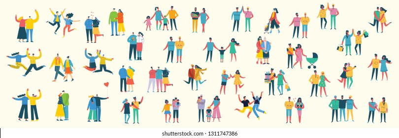 Illustration with happy cartoon couples of people. Happy friends, parents, lovers on date, hugging, dancing, couples with kids. Vector illustration isolated on light background