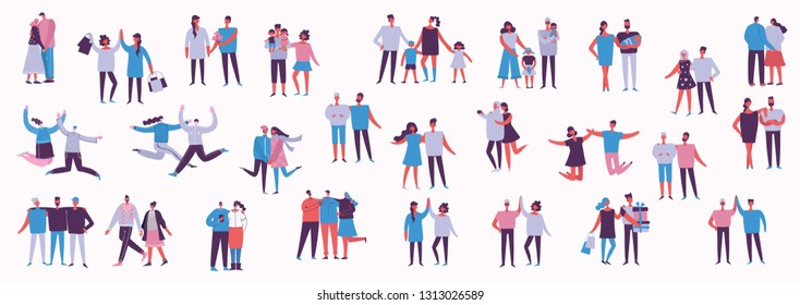 Illustration with happy cartoon couples of people. Happy friends, parents, lovers on date, hugging, dancing, couples with kids. Vector illustration isolated on light background 