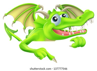 Illustration of a happy cartoon dragon pointing down at a sign