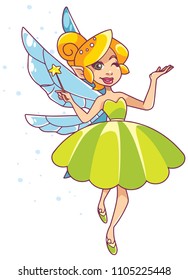 Illustration of happy cartoon fairy, flying on white background.