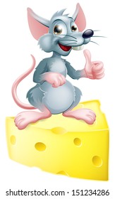 An illustration of a happy cartoon mouse or rat that has got the cheese, giving a thumbs up.