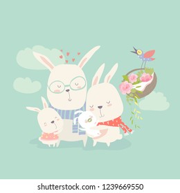 illustration of happy cartoon rabbits family with new born