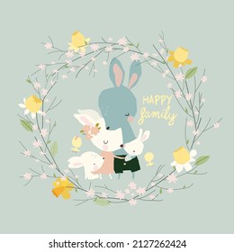 Illustration of Happy Cartoon Rabbits Family with Newborn