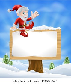 Illustration of happy cartoon Santa Claus sitting on a Christmas sign in winter landscape and waving