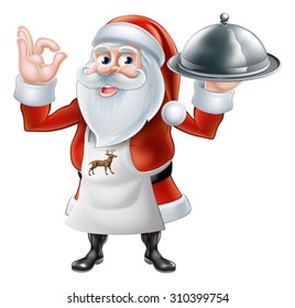 An illustration if a happy Cartoon Santa Claus chef or cook character in an apron holding a plate of food