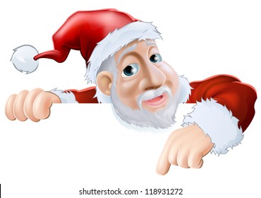 An illustration of a happy cartoon Santa smiling and pointing down