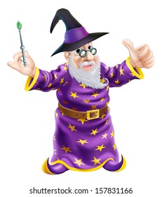 Illustration of a happy cartoon wizard character holding a wand and giving a thumbs up