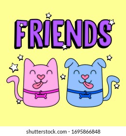 ILLUSTRATION OF A HAPPY CAT AND CUTE DOG