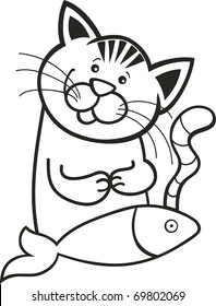 illustration of Happy cat with fish for coloring book