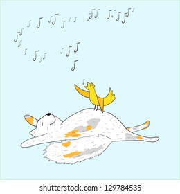An illustration of a happy cat relaxing and a bird singing a song.